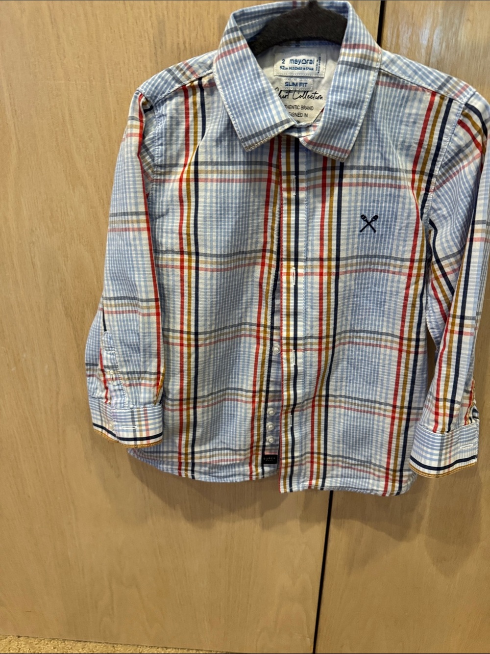 Mayoral Boys Light Blue Plaid Button-Down Shirt with Red and Yellow Stripes